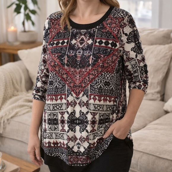 Style & Co. Tops - Style & Co Studded Tunic Blouse | Boho Tribal Print | 3/4 Sleeve | XL